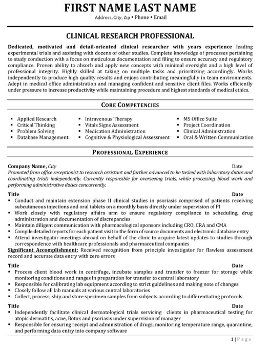 Clinical Research Resume Sample Template