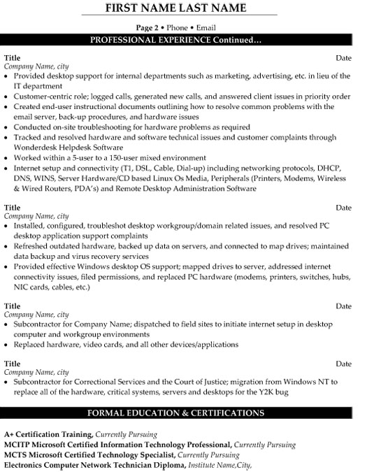 resume profile for technical support engineer