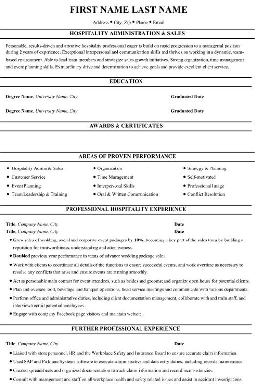 example of resume hospitality industry