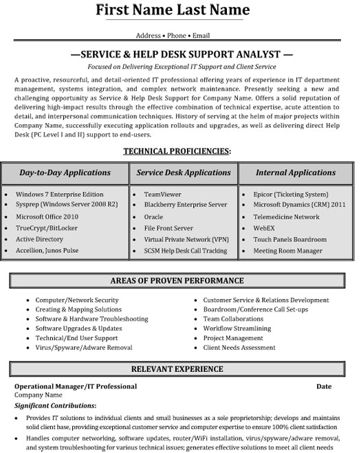sample resume for it service desk analyst